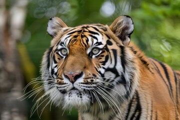 Obraz premium Majestic tiger portrait showcasing striking features against a lush green backdrop in nature
