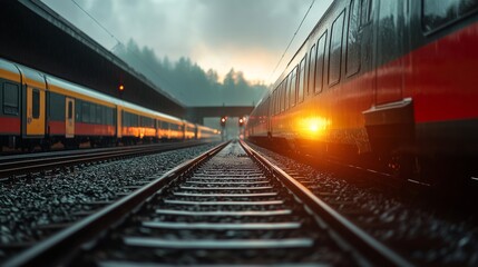 Naklejka premium A train is on the tracks with a yellow and red train car. The train is on a rainy day