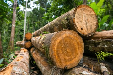 Freshly Cut Logs Stacked in Lush Green Forest Surrounded by Vibrant Vegetation and Nature