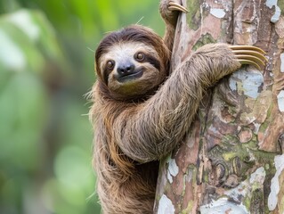 Fototapeta premium Sloth Clinging to Tree Trunk in Lush Tropical Environment Surrounded by Greenery