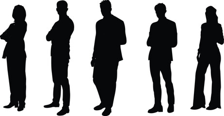 Business men and women silhouettes in different style standing pose for their office work, meeting, consulting. Vector illustration on white background. 