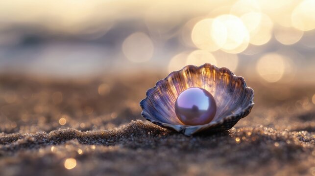 A close-up of a pearl resting in an open seashell on a sandy beach.