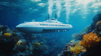 High-tech underwater vessel in glowing coral ecosystem cinematic lighting