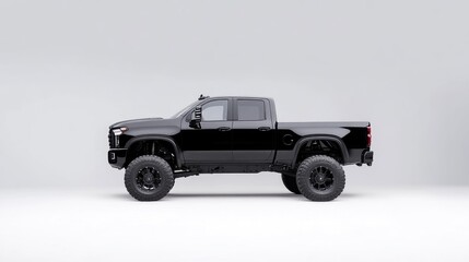 A black, lifted pickup truck is shown in profile. The truck has large tires and a clean design. The image is high-quality with even lighting. Its a simple, minimalist style. The mood is sleek and po