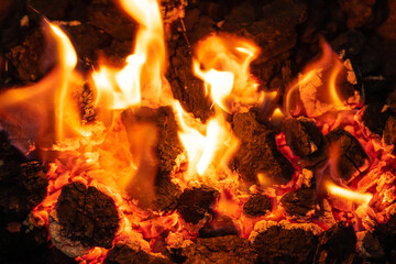 Burning black charcoal from a fire background.