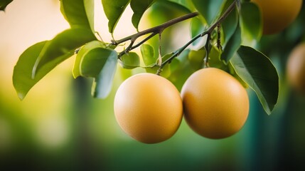 Two yellow fruits hanging from a tree branch. The fruits are ripe and ready to be eaten. The image has a bright and cheerful mood, as the fruits are vibrant and full of life