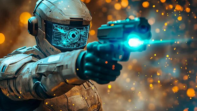 Armored Soldier Aiming Laser Pistol Amidst Fiery Sparks and Intense Action Scene


