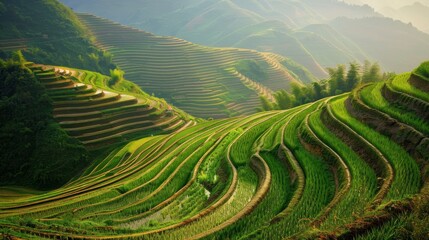 A beautiful green hillside with rice paddies landscape