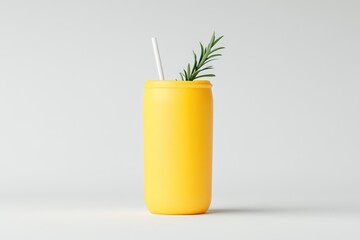 Yellow drink container with straw and sprig