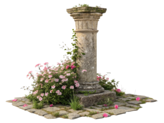 beautiful stone pillar surrounded by vibrant flowers and greenery creates serene garden scene. pillar stands tall amidst colorful blooms