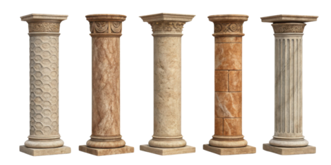 Elegant pillars showcase various designs and textures, enhancing architectural beauty and providing classic touch to any space