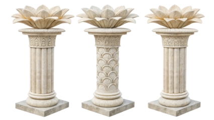 Elegant stone pillars with intricate designs and lotus flower motif top create stunning architectural feature. These pillars symbolize strength