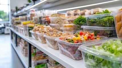 A supermarket shelf displays various pre-packaged foods. Clear plastic containers hold salads, nuts, and other prepared items. The shelf is well-lit, showcasing the products clearly. The image is sh