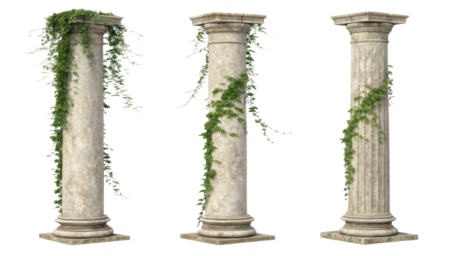 Ancient pillars adorned with lush green vines create serene atmosphere, showcasing nature beauty intertwined with classic architecture