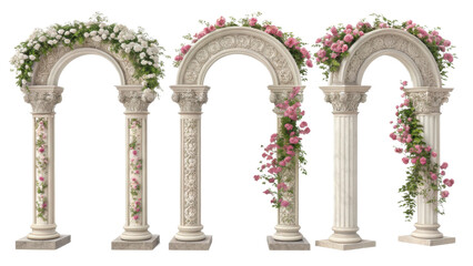 Elegant pillars adorned with blooming flowers create stunning visual display, perfect for weddings or garden events