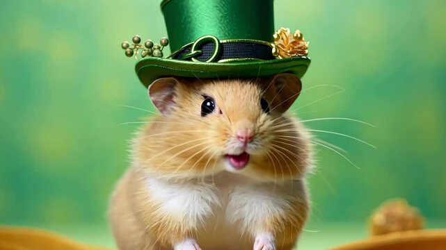Adorable hamster in a fancy hat on a green background. Celebrating St. Patrick's Day concept.