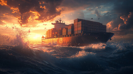 Fototapeta premium Massive cargo ship stormy ocean 4K