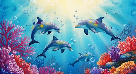 Fototapeta premium Oceanic Joy: Vibrant Dolphin Dance in a Coral Reef Paradise AI Generated