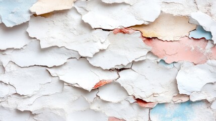 Obraz premium The image shows a close-up of peeling paint on a wall. White paint dominates, with hints of pastel peach, blue, and yellow underneath. The texture is rough and uneven. Its a high-resolution photo wi