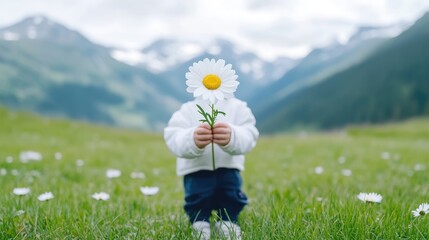 A child holding a daisy flower in a vast green meadow, wearing a white coat with a daisy on the hood, majestic mountains in the background, and serene and peaceful setting.