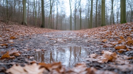 Forest Puddle Fallen Leaves Moody Nature Photography Ground Level View Shallow Depth of Field Autumnal Reflection Serene Nature Imagery Ideal for nature calendars