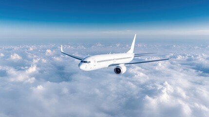 Obraz premium Modern jetliner soaring above fluffy white clouds in a vast blue sky