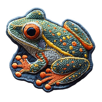 Green Tree Frog, embroidered patch badge on isolated transparent background png, Tree Frog Embroidery Design, High quality design