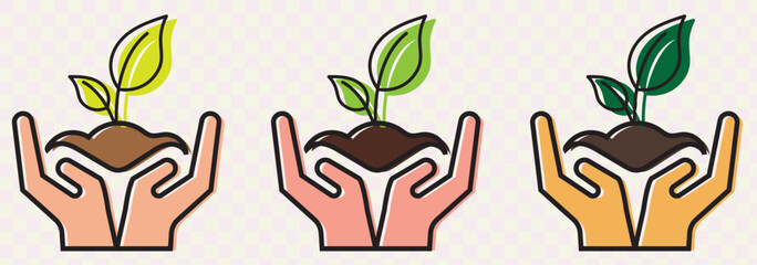 Hands holding soil with plant flat line icon. Vector thin sign of environment protection, ecology concept logo. Agriculture illustration