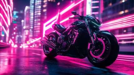 Cyberpunk neon cityscape with fast black bike cinematic lighting ultra HD