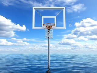 Basketball hoop floats in ocean
