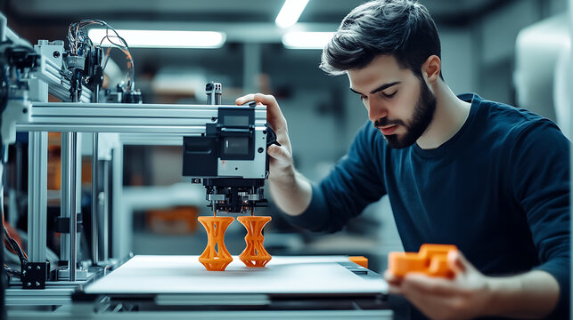 A technician testing a 3D printer in a clean and organized workshop, various printed parts on display, High-tech style