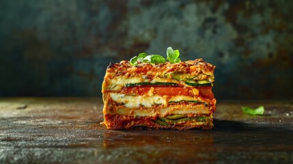A hearty vegetable lasagna with layers of cheese and marinara sauce. Featuring comfort and indulgence