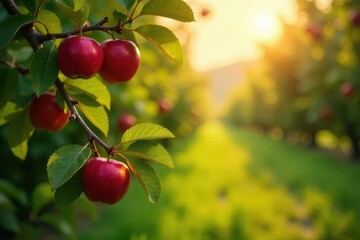 Obraz premium Golden Hour Orchard Ripe Red Apples on Branch with Lush Green Foliage and Sunlit Meadow in Background
