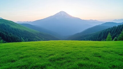 Fototapeta premium A vibrant green meadow stretches to rolling hills and a majestic mountain in the distance. The mountain is softly lit, creating a peaceful atmosphere. The image is high-quality, with excellent resol