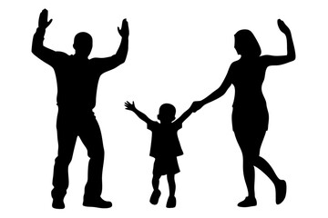 Black vector silhouettes of people and children illustrate human evolution through dance, sport, and playing, featuring a jumping group, people, children, silhouettes, vector, black, jumping, group