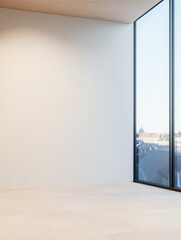 Fototapeta premium Minimalistic interior design showcasing a spacious room with large windows and city views
