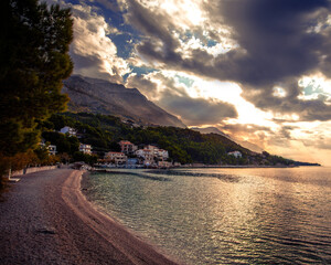 scenic morning landscape in Croatia, Brela resort, Makarska riviera, Dalmatia, Europe	