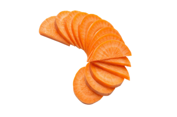 Carrot fan slices Thin carrot slices, partially cut and kept intact on one end for a fan shape. Isolated on a transparent white background. PNG cutout image