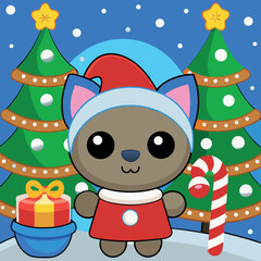 Obraz premium Cute cartoon character in holiday attire stands near decorated Christmas trees with gifts and candy canes in a winter landscape Generative AI