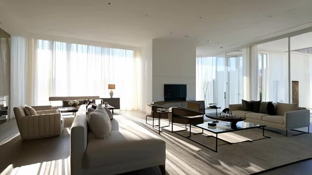 Natural light brightens spacious living room, highlighting stylish grey sofas, wooden coffee table, abstract artwork and sheer curtains for sophisticated vibe. Concept living room artistic living room
