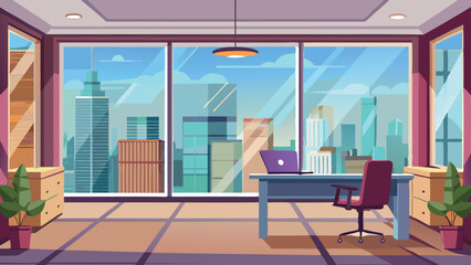 Modern office with large windows overlooking a city skyline in bright daylight Generative AI