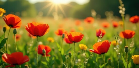 Obraz premium Vibrant Red Poppies Bask in the Golden Hour Sunlight of a Lush Meadow, Creating a Stunning Floral Display of Natural Beauty