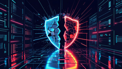 Shattered firewall with fragmented data and neon light reflections, cyber vulnerability concept
