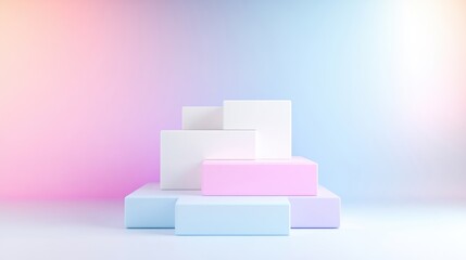 Pastel-colored blocks form a tiered display. The composition features various sizes and shades of light blue, pink, and white. The image is digitally rendered with smooth surfaces and soft lighting.