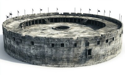 Circular ruined castle, medieval history, white background, historical game asset
