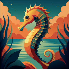 Colorful seahorse swimming near the shore amidst vibrant underwater vegetation at sunset Generative AI