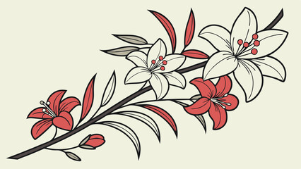 Beautiful floral illustration featuring red and white lilies on a slender branch with leaves against a light background Generative AI