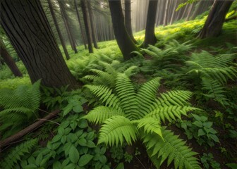 Lush ferns carpet the forest floor bathed in sunlight.
