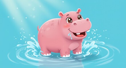 Joyful Pink Hippo in Sparkling Water: A Delightful Childlike Illustration AI Generated