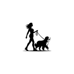A woman walking a Bernese mountain dog on leash black vector silhouette, dog owner clip art element design